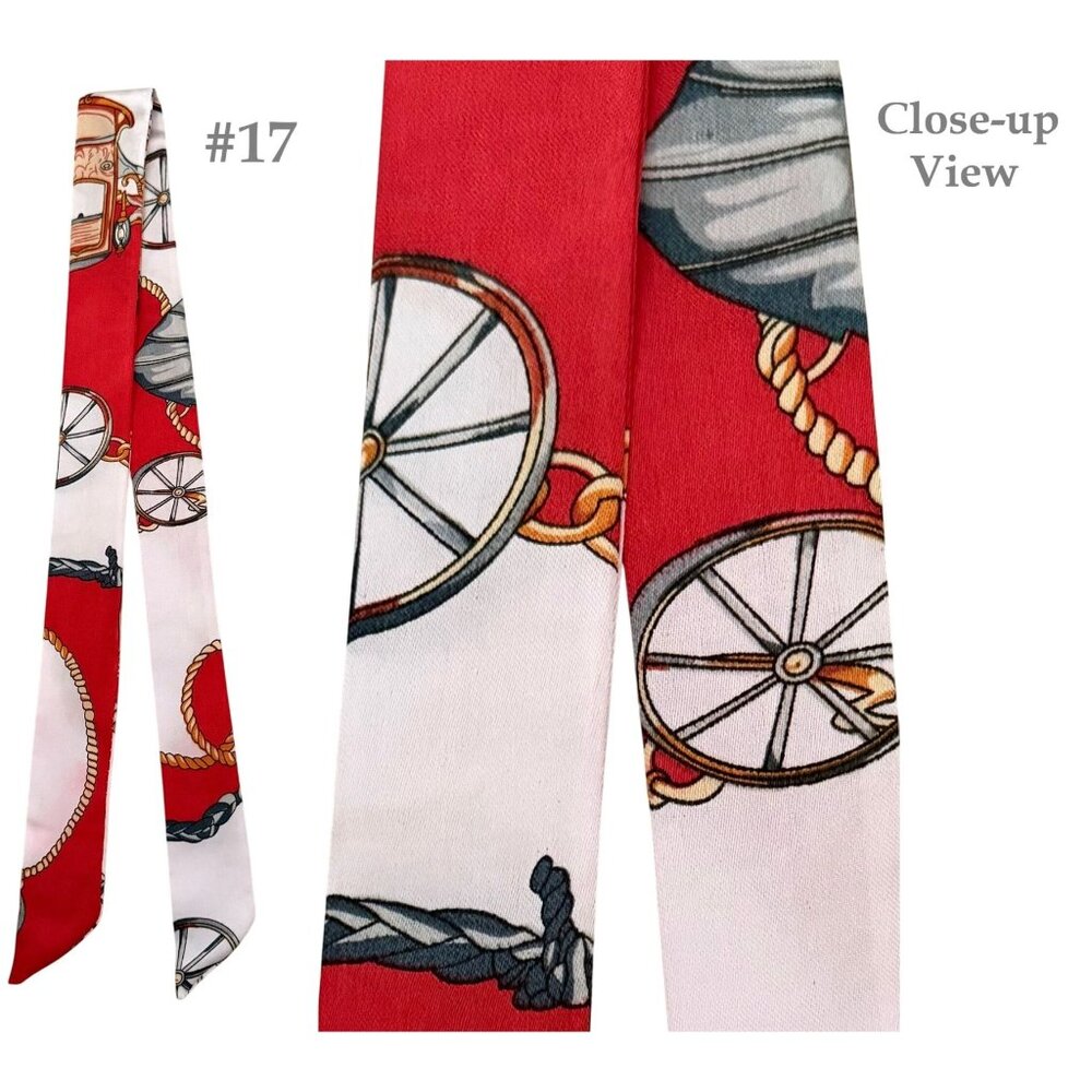 Silk Slim Scarf Red Carriage and Rope Print 35 x 1.5 Inches Equestrian Chic No17